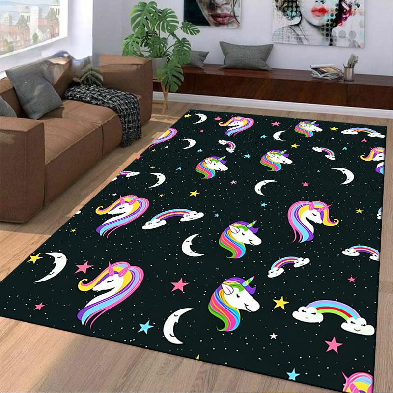 Colorful Unicorn Pattern Carpet with Stars, Moons, and Rainbows Design Suitable for use as an anti-slip for living room bedroom sofas