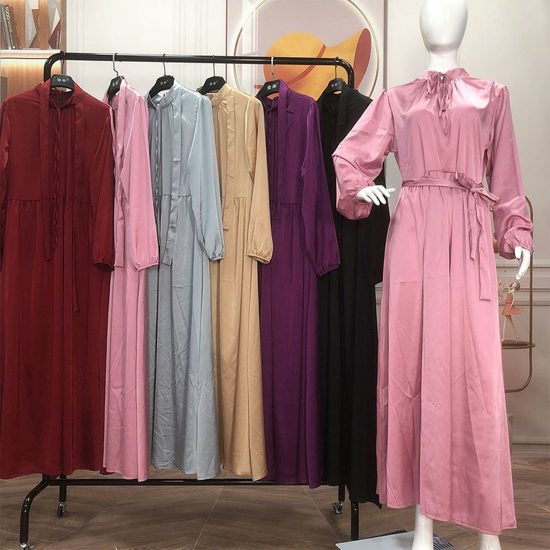 New Fashion Indonesia Middle East Dubai Satin Long Skirt Waist Artificial Silk Large Hem Long Dress Dress
