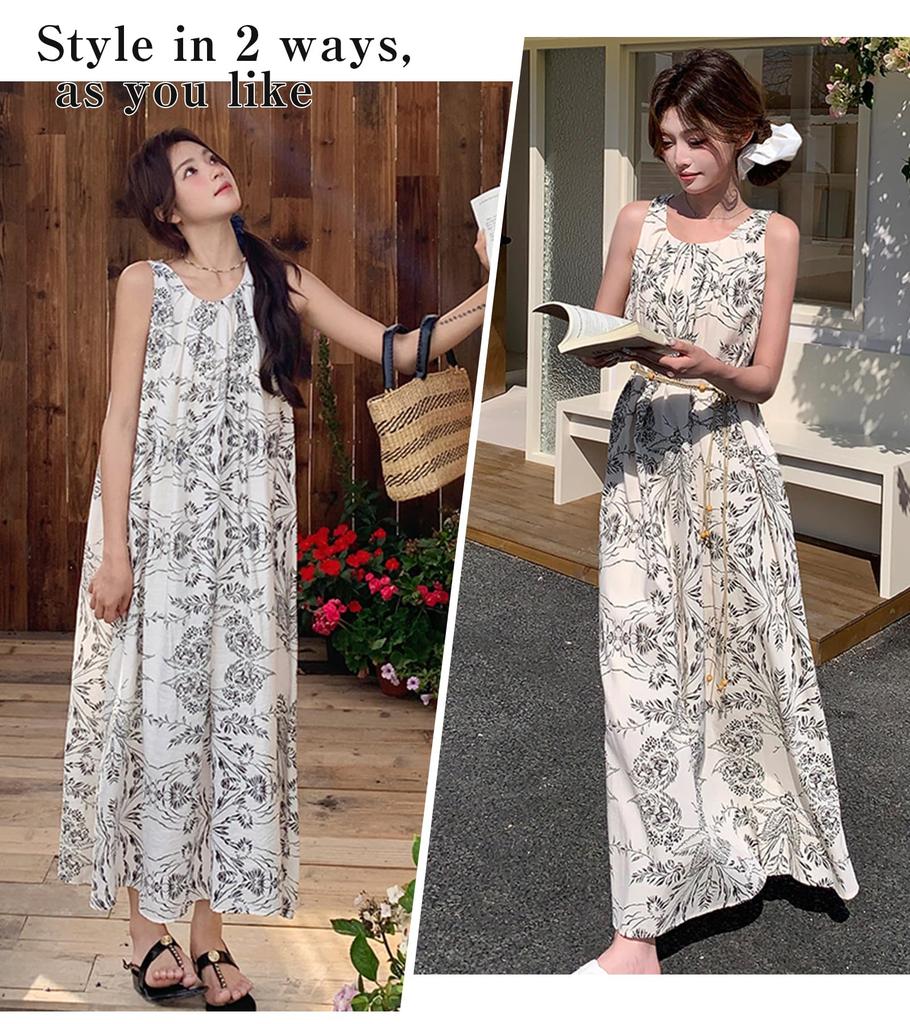 Elegant Floral Print Long Dress Maxi Dress Leaf Perfect for Summer Casual Beach and Parties [SIPERLARI] - Women's (White Pattern) Wear, Weddings,