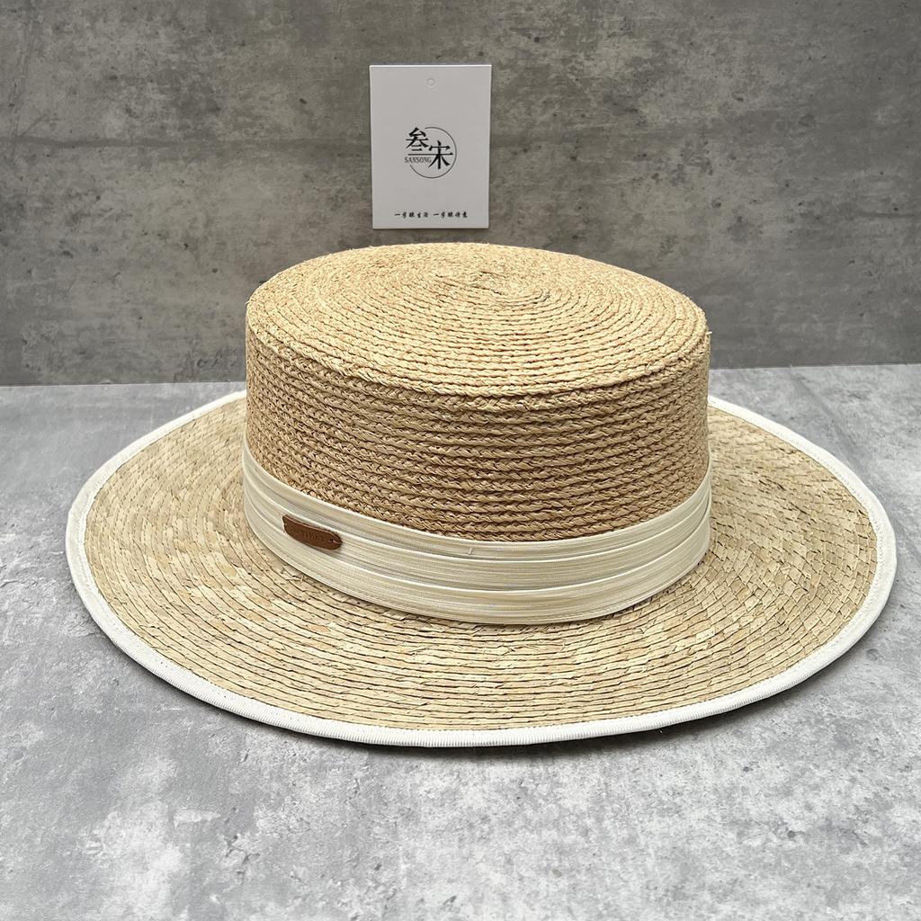 Light Luxury French Palm Leaf Flat Top Straw Hat Women'S Summer Sunshade Top Hat Seaside Vacation Raffia Hat