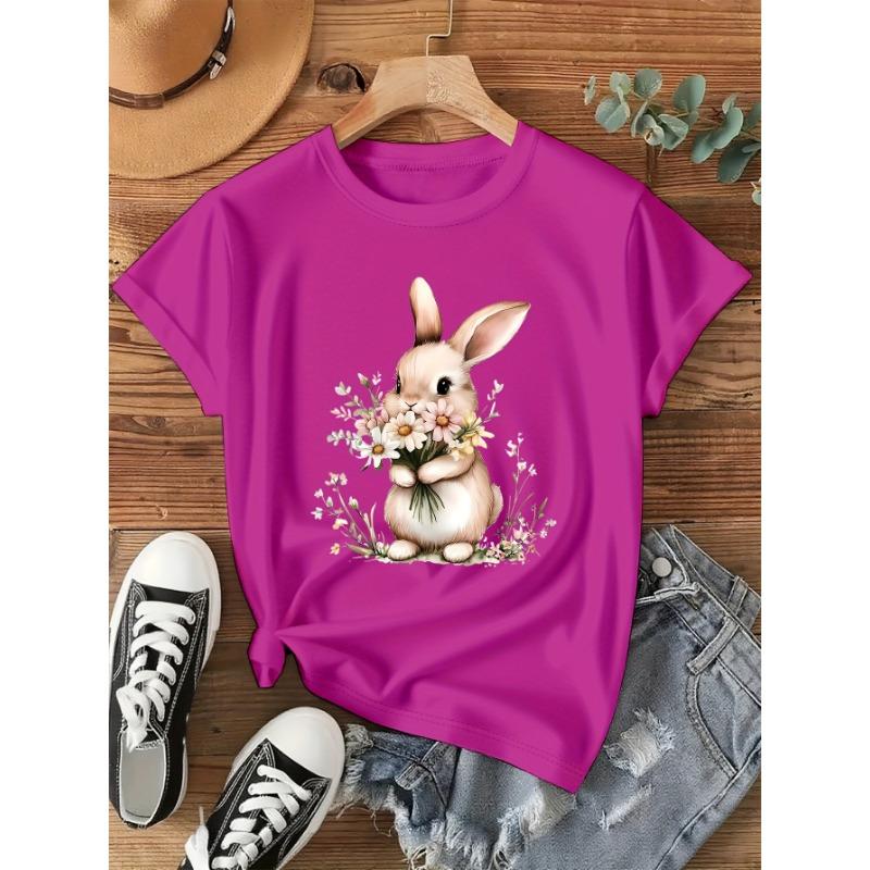 Cute Bunny and Flower Printed T-shirt, Short-sleeved Crew Neck Casual Top