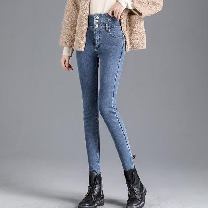 

2024 Autumn/Winter High-Waisted Plus Velvet Skinny Denim Pants for Women - Slimming and Trendy L