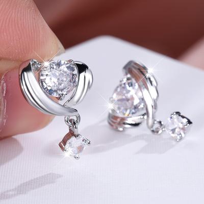 1 Pair Silvery Color Love Heart Round Cut White Stone Stud Earrings Drop Dangle Earrings Wedding Jewelry Gifts