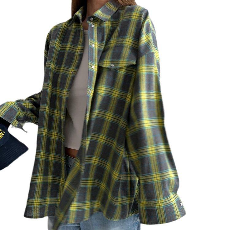 Retro Plaid Loose Lapel Long Sleeve Shirt for Women - Spring & Autumn