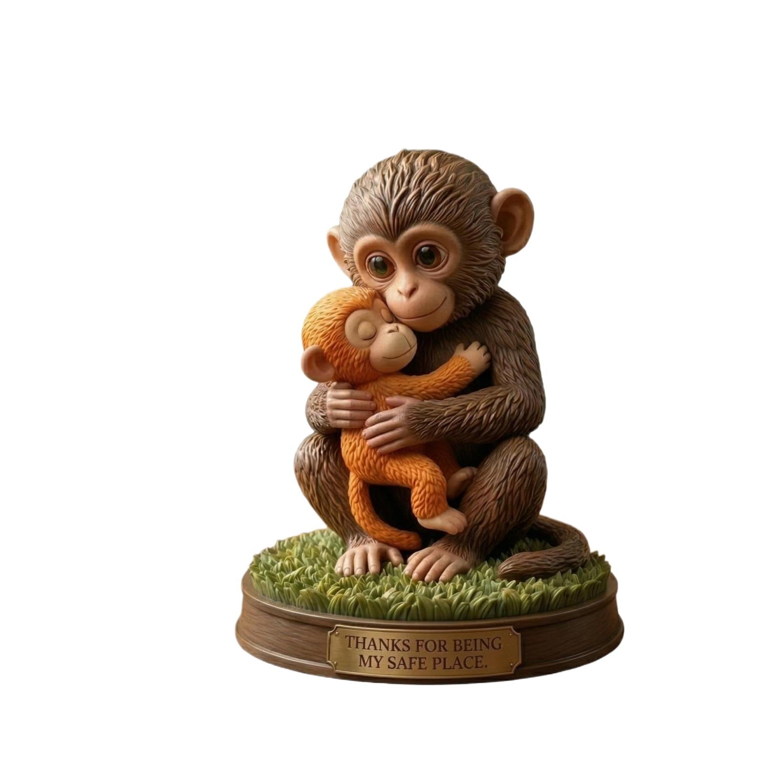 

Resin Monkey Sculpture Decorative Figurine with Child Holding Design on Round Base for Home Office Shelf Desk Ornament