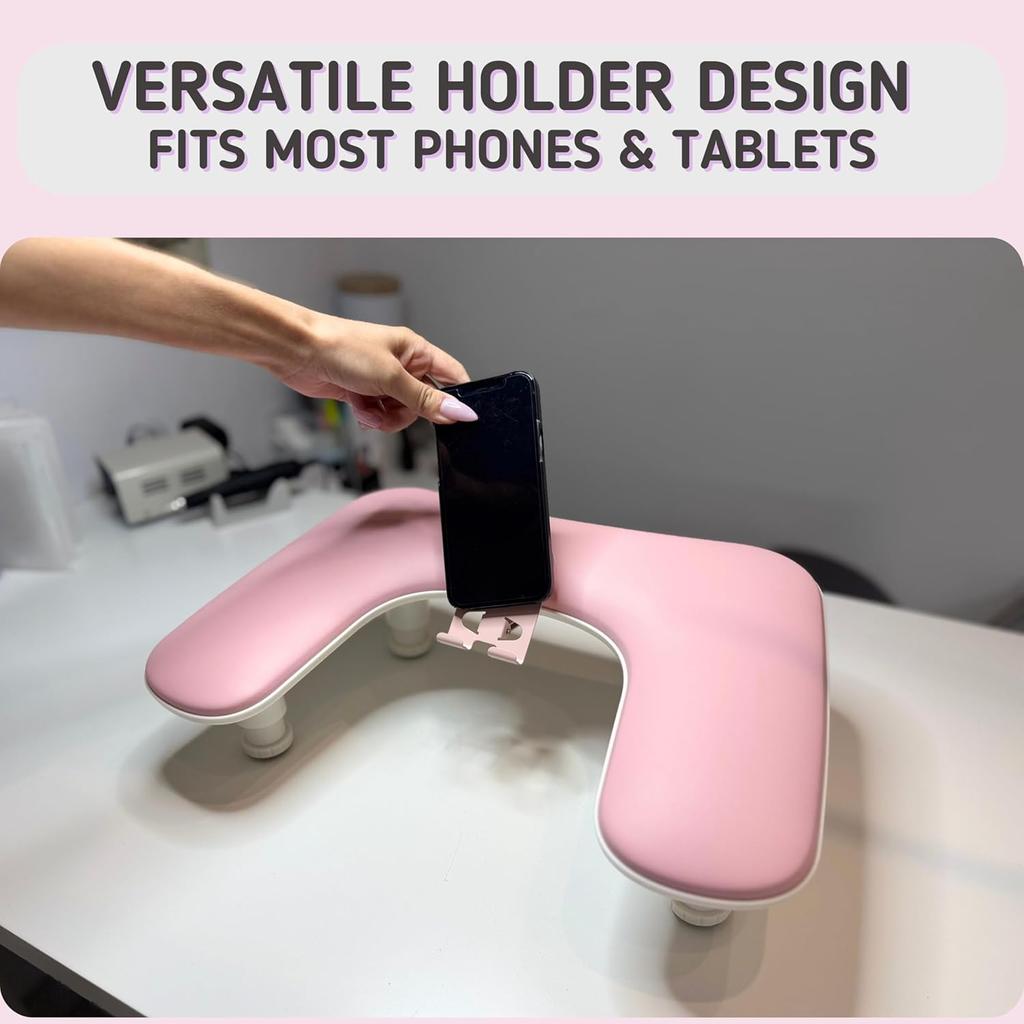 1pcs Pink Adjustable Height Nail Arm Rest with Rotating Phone Holde PU Leather Nail Tech Arm Rest, U-Shaped Hand Rest