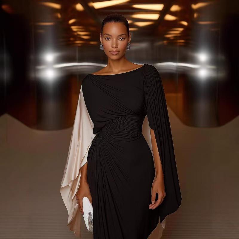 European and American women's clothing new one-word collar slim-fitting sexy irregular sleeves hip folds elegant dress women XL