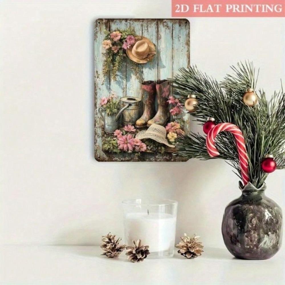 Metal Wall Art 2D Flat Watering Can and Hat Retro Farmhouse Decor for Living Room