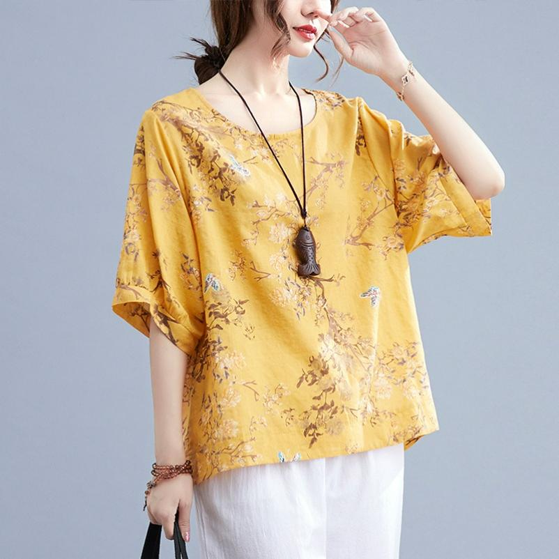 Cotton and Linen Plus Size Women's Literary Retro Loose Printed T-shirt Summer Round Neck Short-sleeved Belly-covering Casual Top