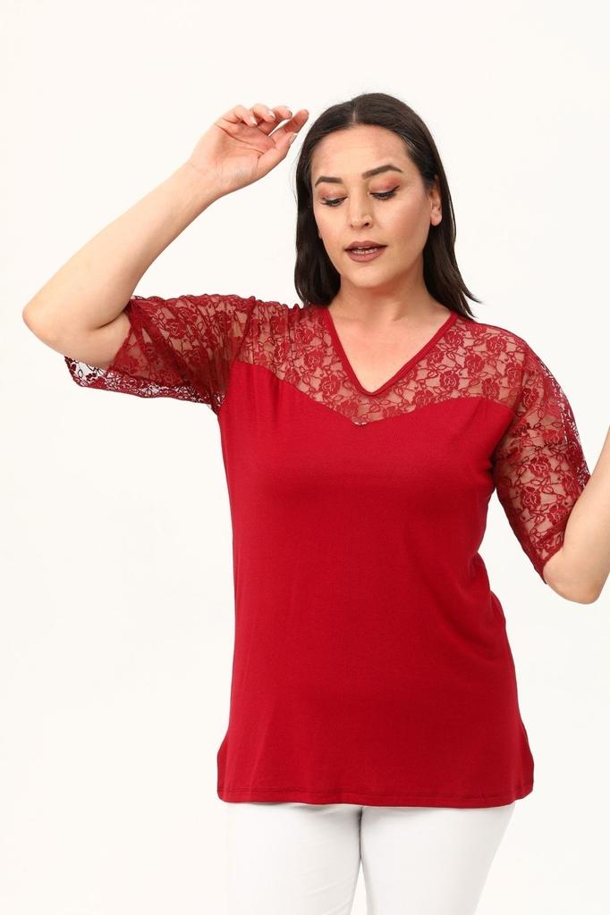Women's Big Size Blouse Burgundy Sweetheart Neck Plus Size Lace Blouse