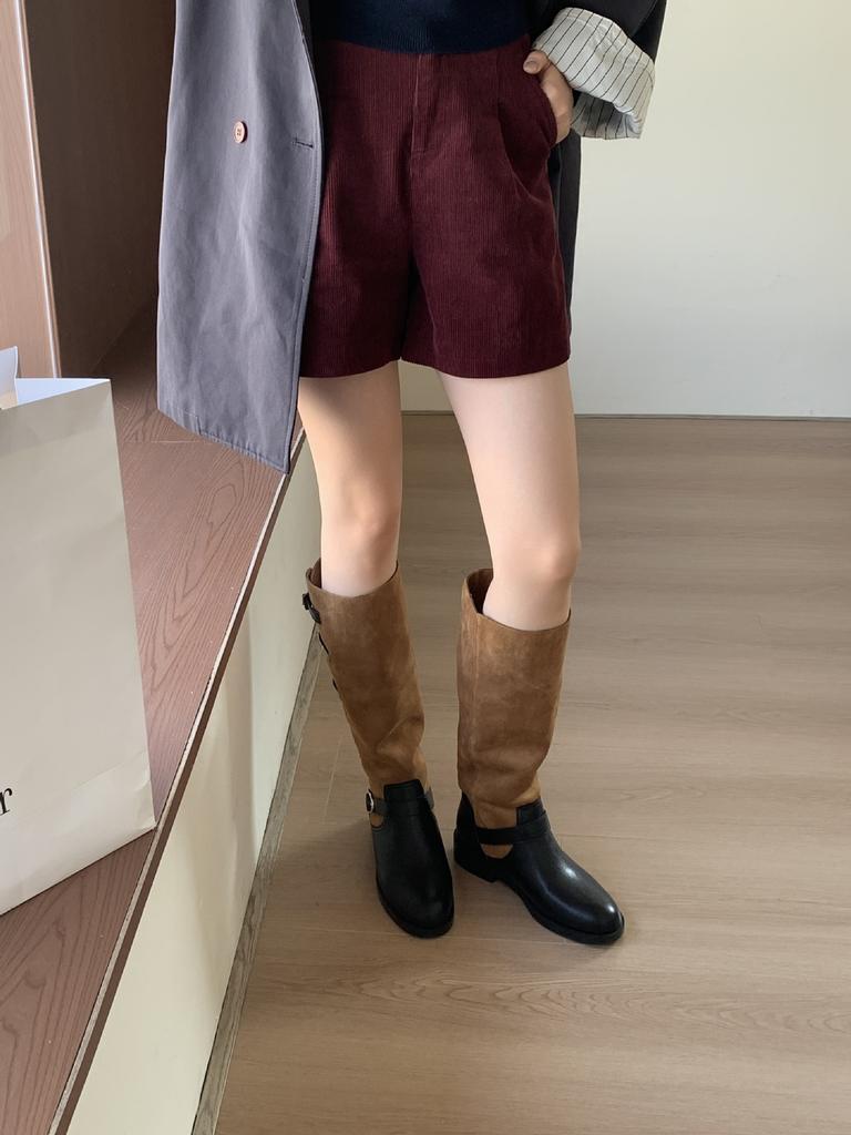 2025 autumn and winter new round head color matching belt buckle thick heel but knee knight women's boots