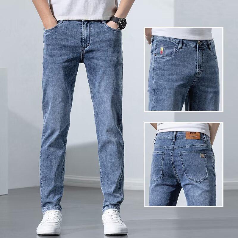 Summer new thin jeans men's straight slim-fitting high-end trendy brand casual versatile light-colored long pants