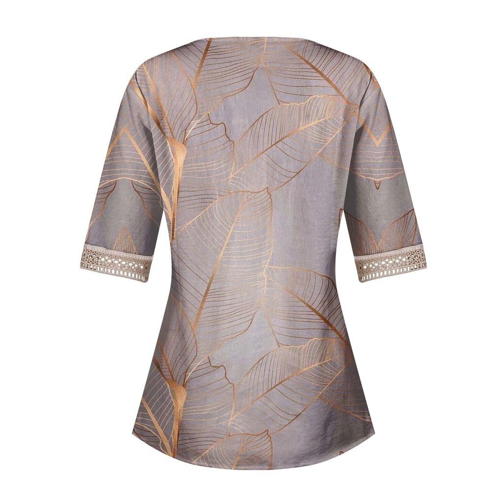 Women's Shirt Blouse Casual Loose Shirts 3/4 Sleeve Lace Print V Neck Tops Print Tops T-shirts Tee