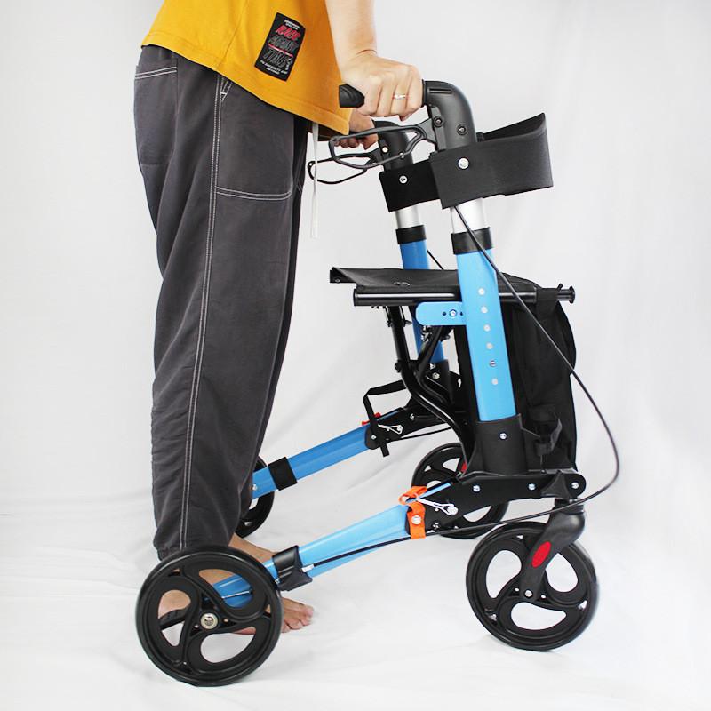 Elderly Four Wheeled Walking Aid Vehicle Household Walking Aids with Brakes and Widened Seat Cushions Adjustable Height Shopping Cart with Storage Bag