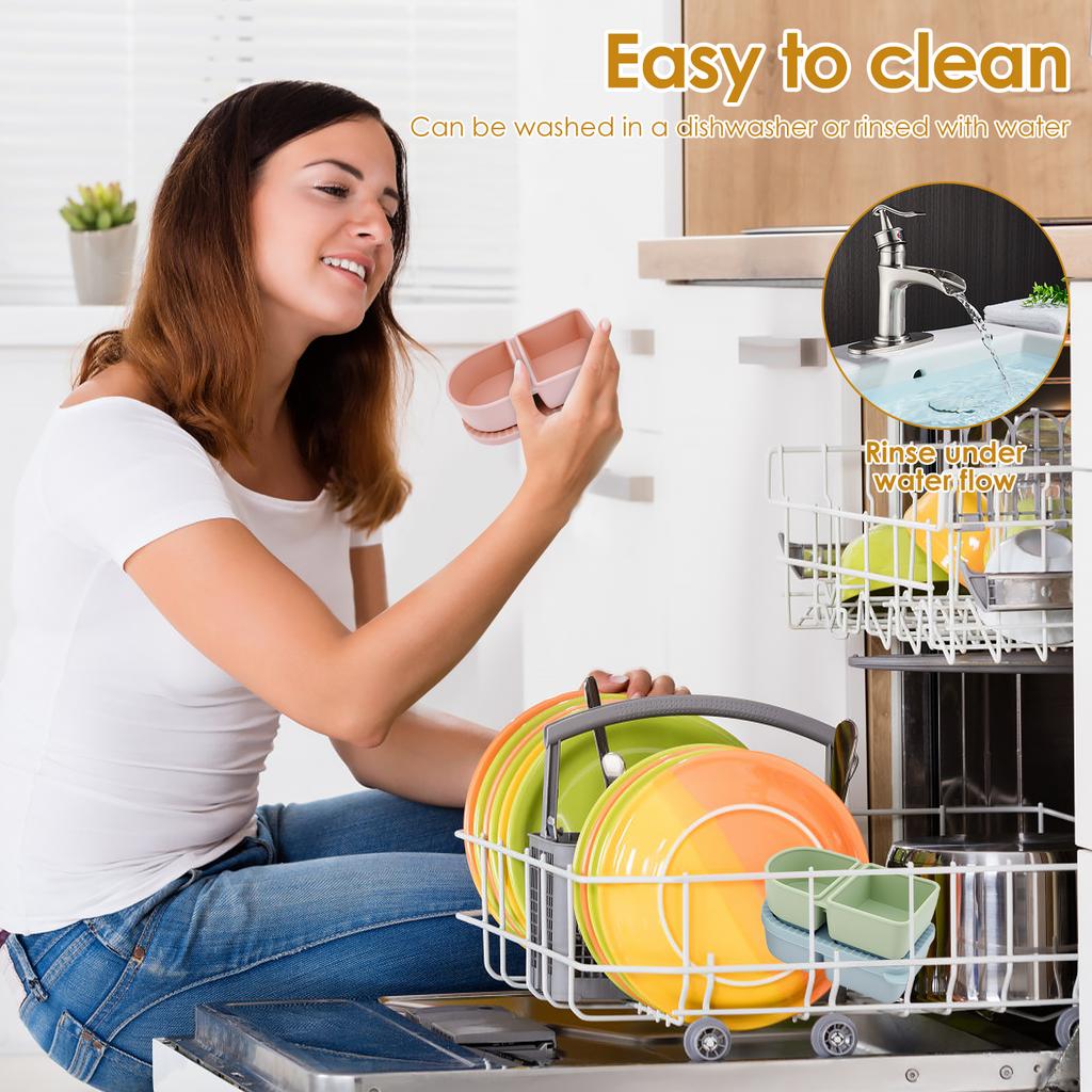 4Pcs Silicone Snack Container Portable Double Compartment Sauce Box Leakproof Stackable Dressing Food Storage Box for Outdoor