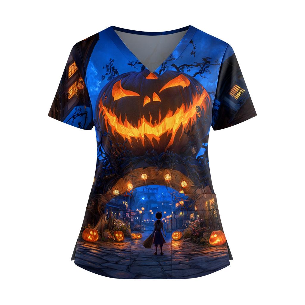 Women V Neck Short Sleeve Top with Dual Side Slits and Pockets Halloween Themed Printed Shirt for Professional Use