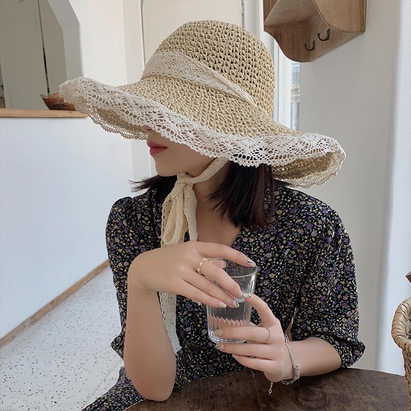 Hat Women's Straw Hat Trendy Versatile Summer Thin Breathable Lace Hollow Small Fresh Windbreak Rope