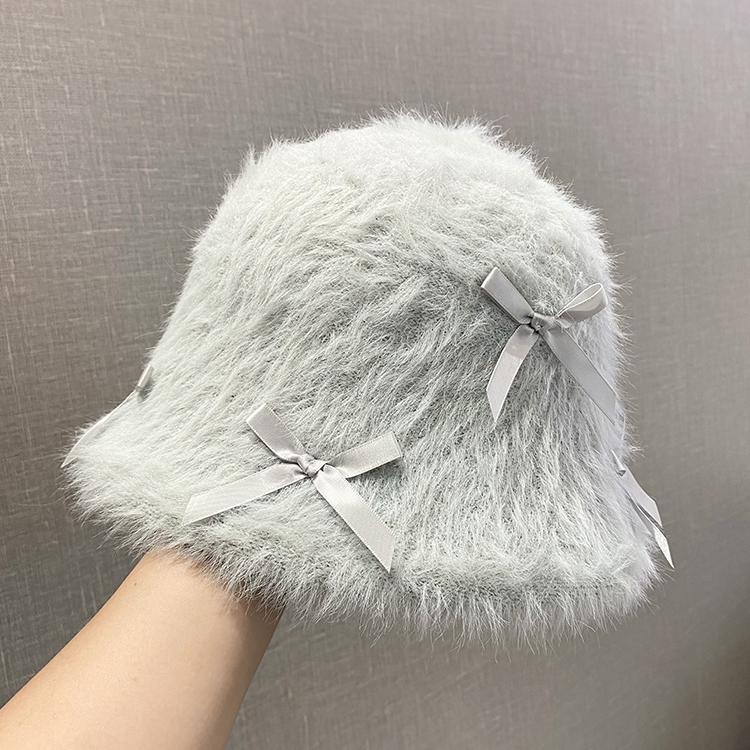 Rabbit Fur Bow Plush Bucket Hat Female Autumn and Winter Big Head Circumference Showing Face Small White Bucket Hat Warm Hat Tide