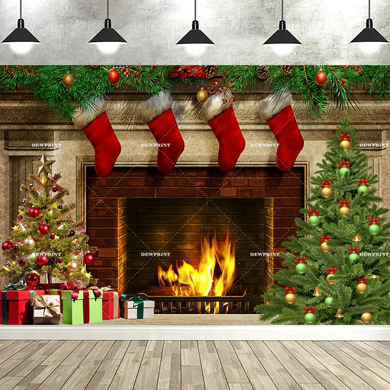Dewprint Christmas Backdrop Background Banner Fireplace Theme Winter Xmas Tree Indoor Decor Family Holiday Party Portrait Photo