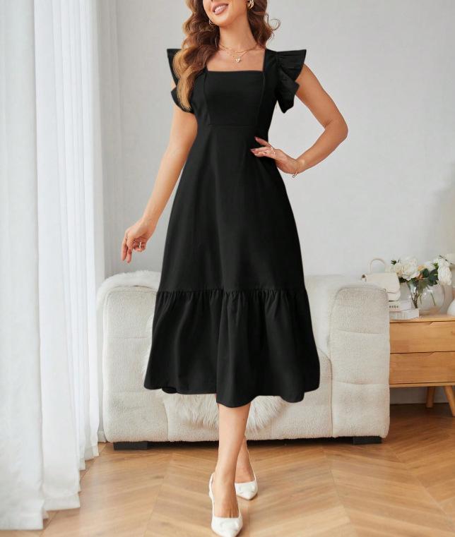 European and American summer new medium and long solid color splicing square neck dress A-shaped skirt