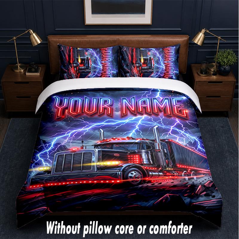 Truck Theme Custom Text Or Name 3Pcs Bedding Set,1 Flat Sheet & 2 Pillowcases Personalized Home Bedding