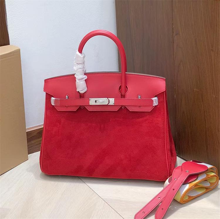 Retro hand-sewn, first layer swift cowhide suede BK25/30cm genuine leather handbag women's bag