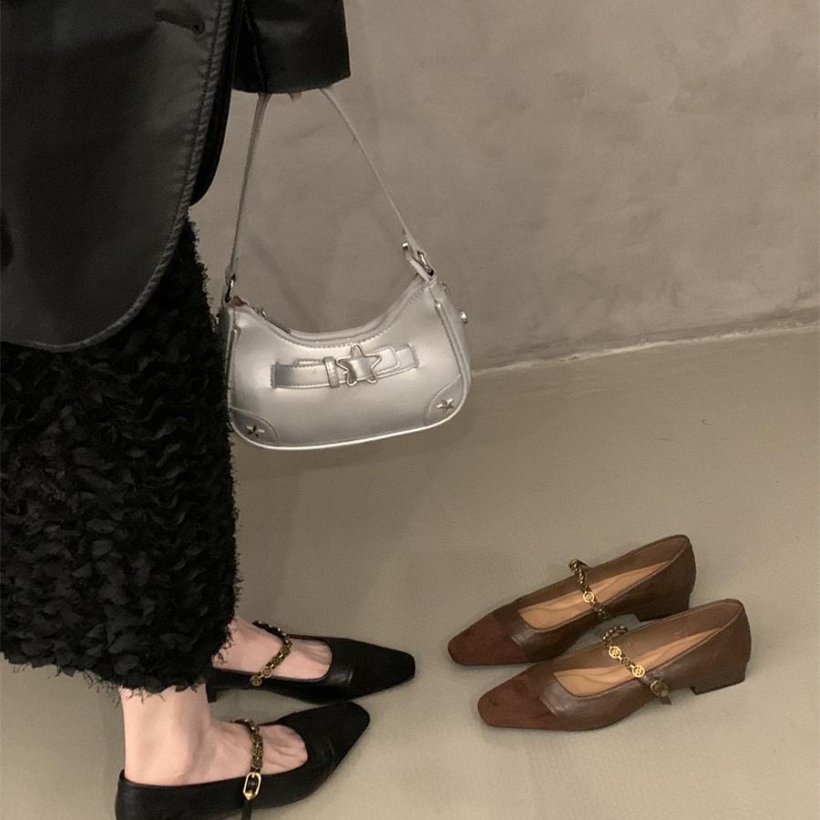 Thick heel chain pointed Mary Jane women's shoes spring and autumn 2025 new low heel light mouth word with retro single shoes