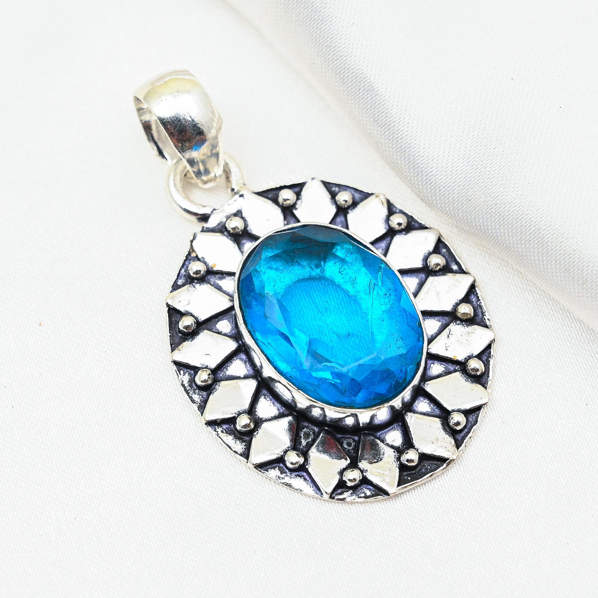 

Подвеска с голубым топазом, ювелирные изделия из цельного серебра 925 пробы с драгоценными камнями, подвеска ручной работы, на День благодарения 1.96 Inches синий