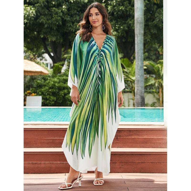 Vacation dress, long robe, loose positioned print beach cover-up, bikini dress
