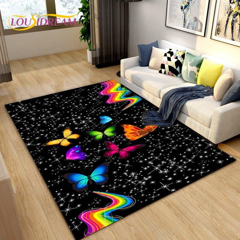 3D barevný koberec Butterfly Flower Area,Koberec do obývacího pokoje Ložnice Pohovka Yoga,Kuchyně Koupelna Rohožka Protiskluzová podložka na podlahu