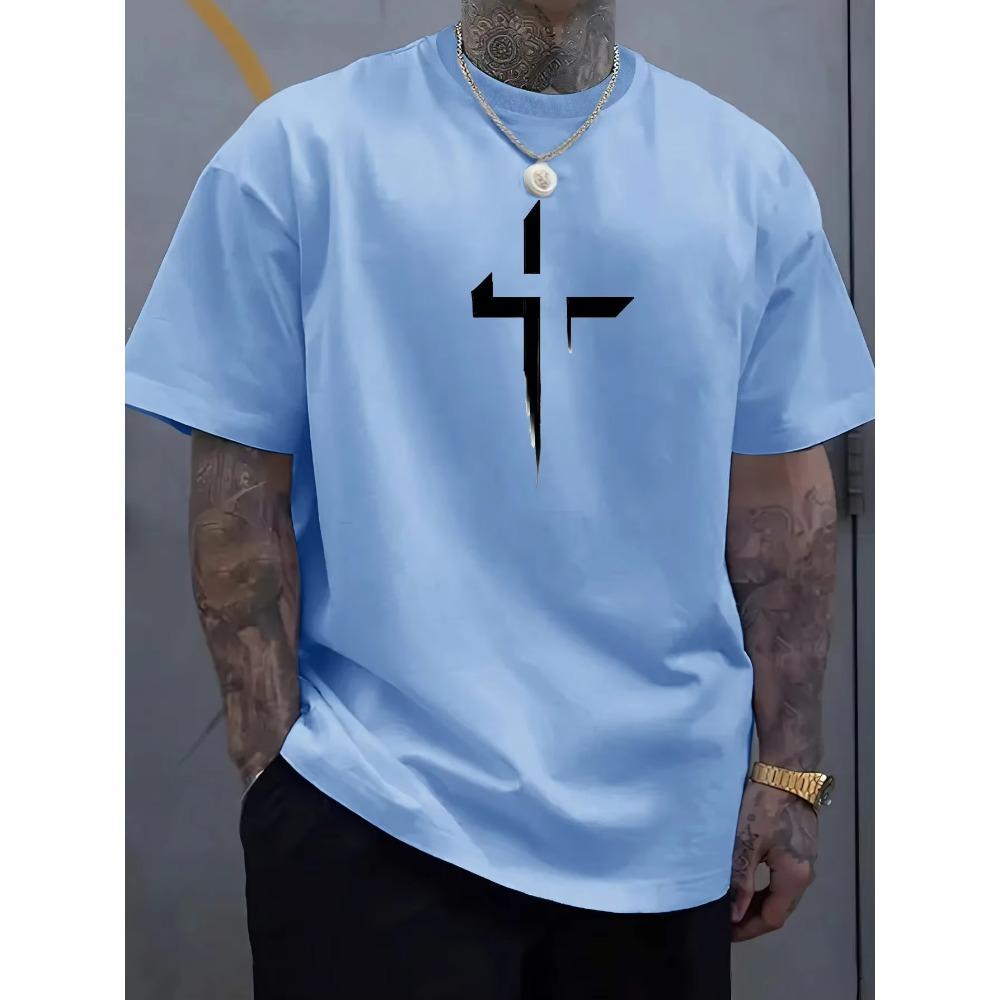Summer Men's 100_ Pure Cotton Casual Loose Plus Size Cross Creative Printed Sports Comfortable Round Neck Short Sleeved T-shirt