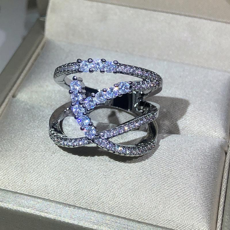 Creative Wrap-around Zircon Ring  Sterling Silver Interwoven Geometric Ring Ladies Birthday Christmas Jewelry Gift