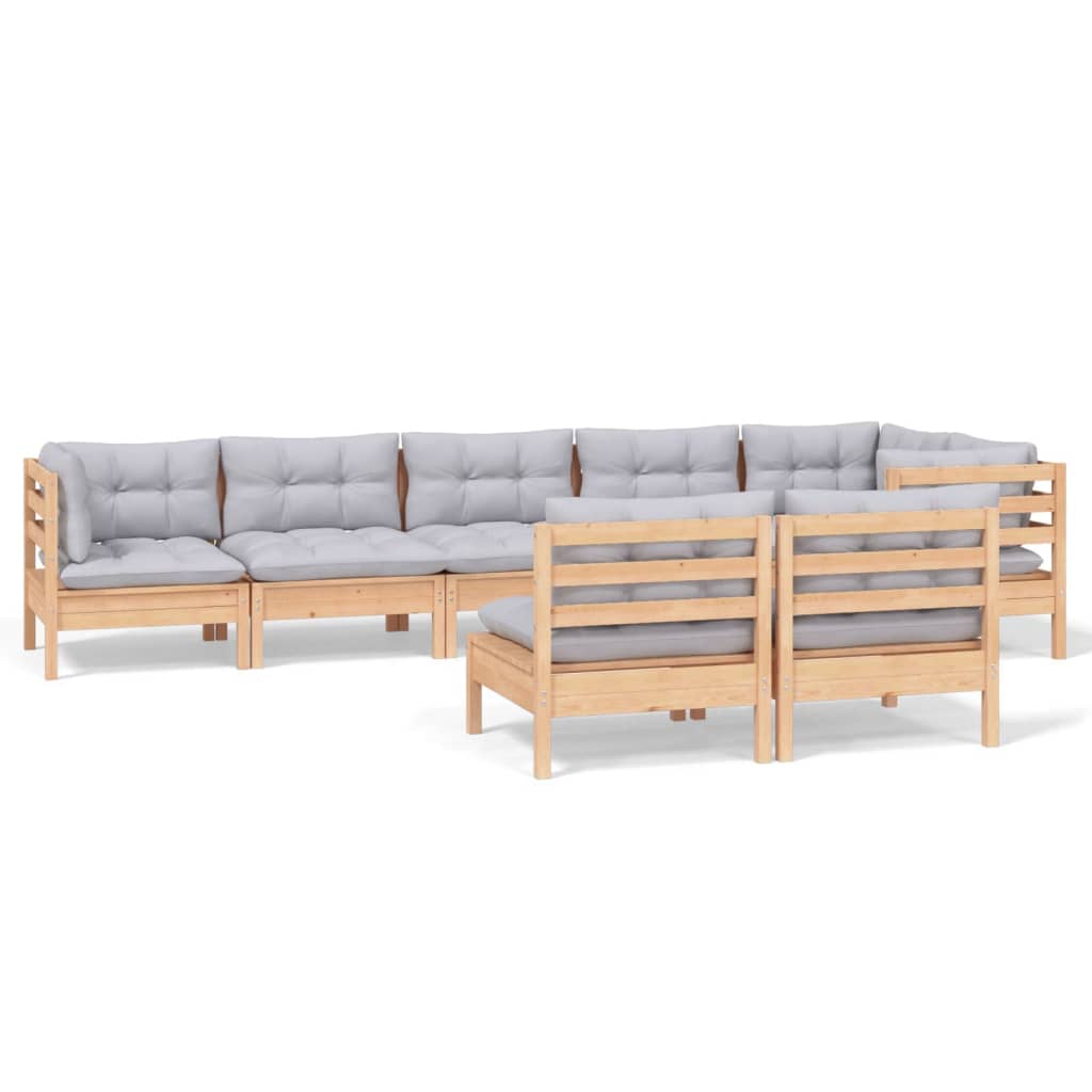 Conjunto de Lounge de Jardim de 8 Peças com Almofadas Cinzentas Madeira de Pinho Maciço