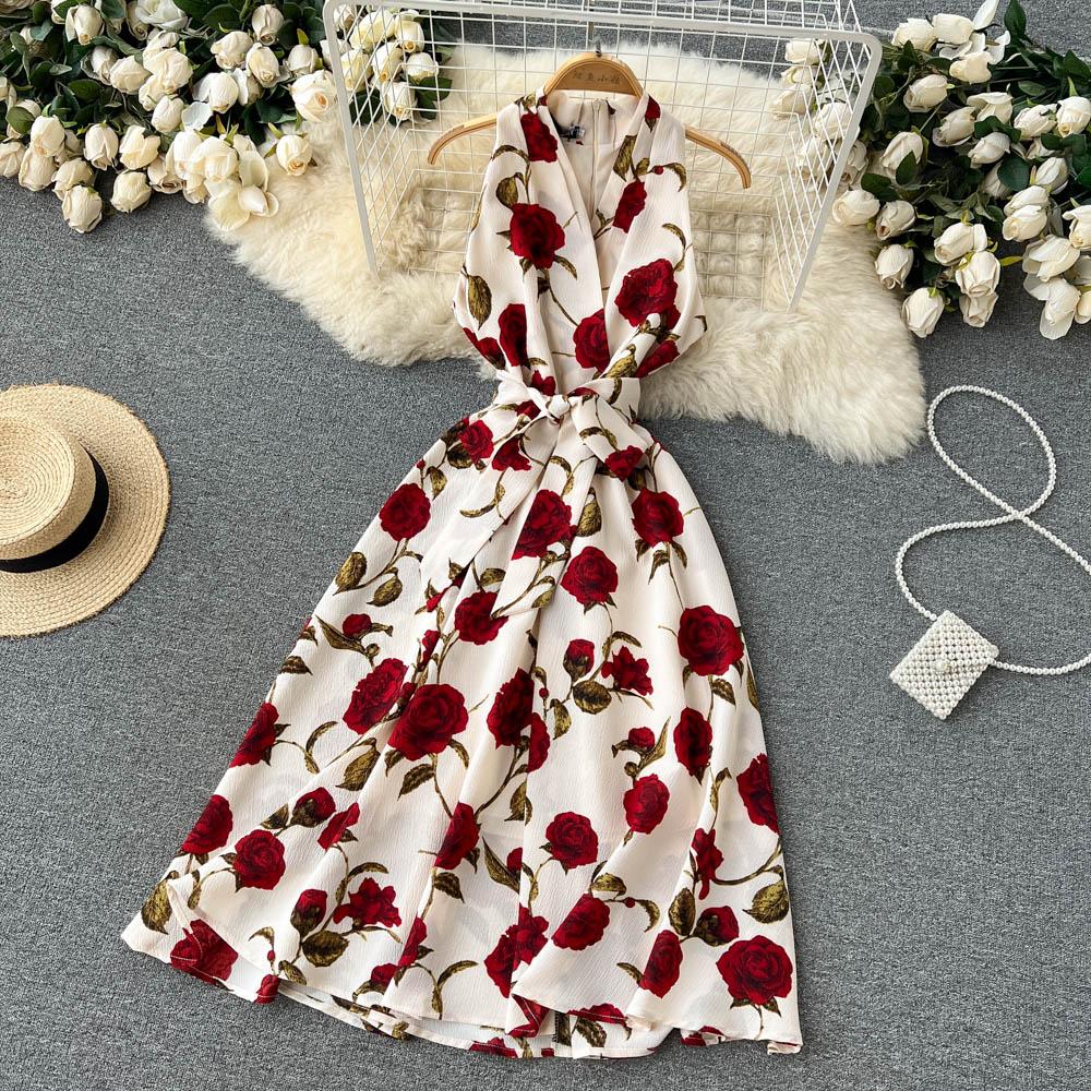 RUGOD Retro Print Dress 2022 Summer New Goddess Fan Temperament V-Neck Tie Waist Thin Mid-Length Dress
