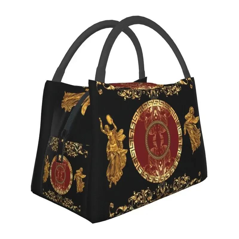 Luxury Golden Europe Floral Insulated Lunch Bag for Work Office Leakproof Thermal Cooler Lunch Box Women