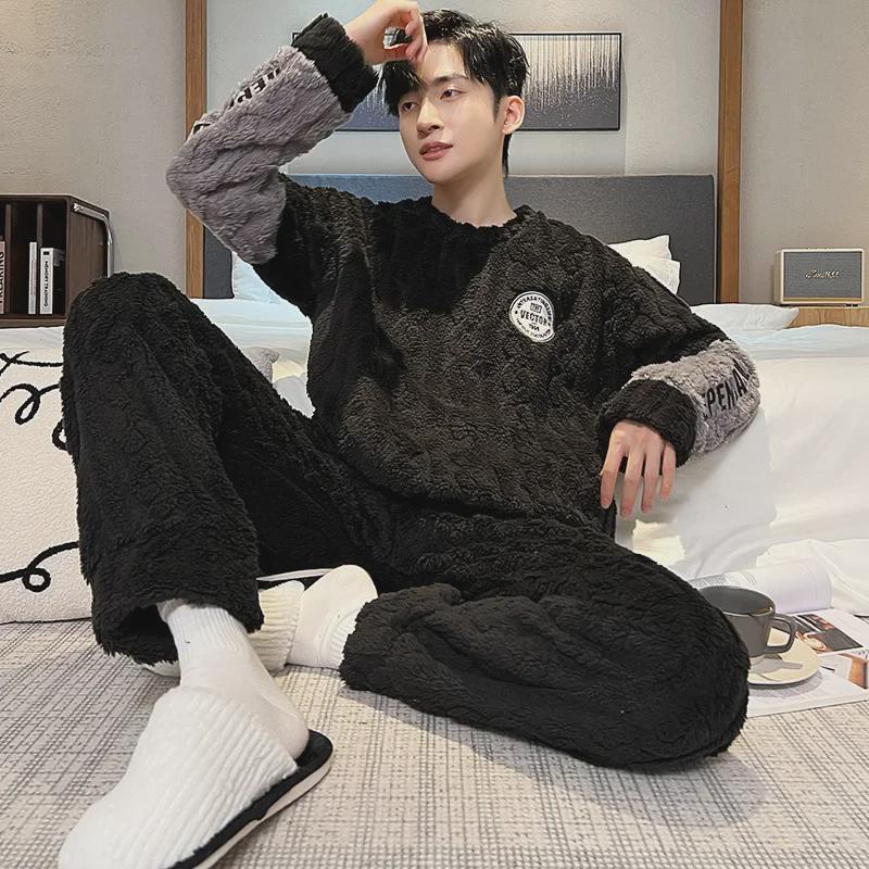 Men's Winter Coral Fleece Pajamas: Outdoor Wearable, Thickened Flannel, One-Piece Home Clothing