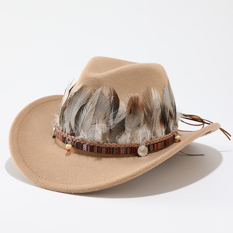 Autumn and winter new woolen top hat men and women couple hat minority style feather decorative western cowboy hat