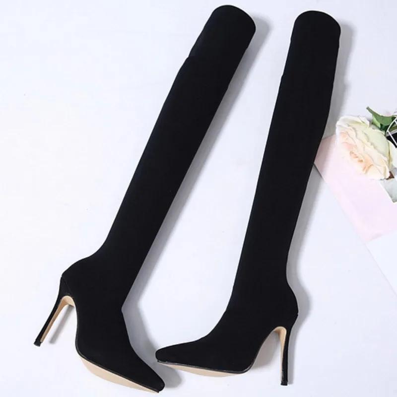 Fashion Sexy Stretch Fabric Thigh High Boots Womens High Heels Shoes Black Pointed Toe Over-the-Knee Boot  Pole Dancing Ladies Shoe