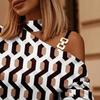 Autumn and winter long-sleeved chain neck print button decorative top women