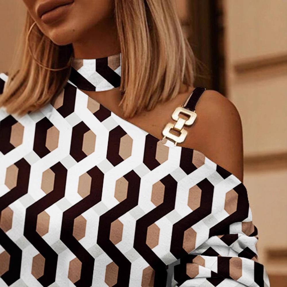 Autumn and winter long-sleeved chain neck print button decorative top women