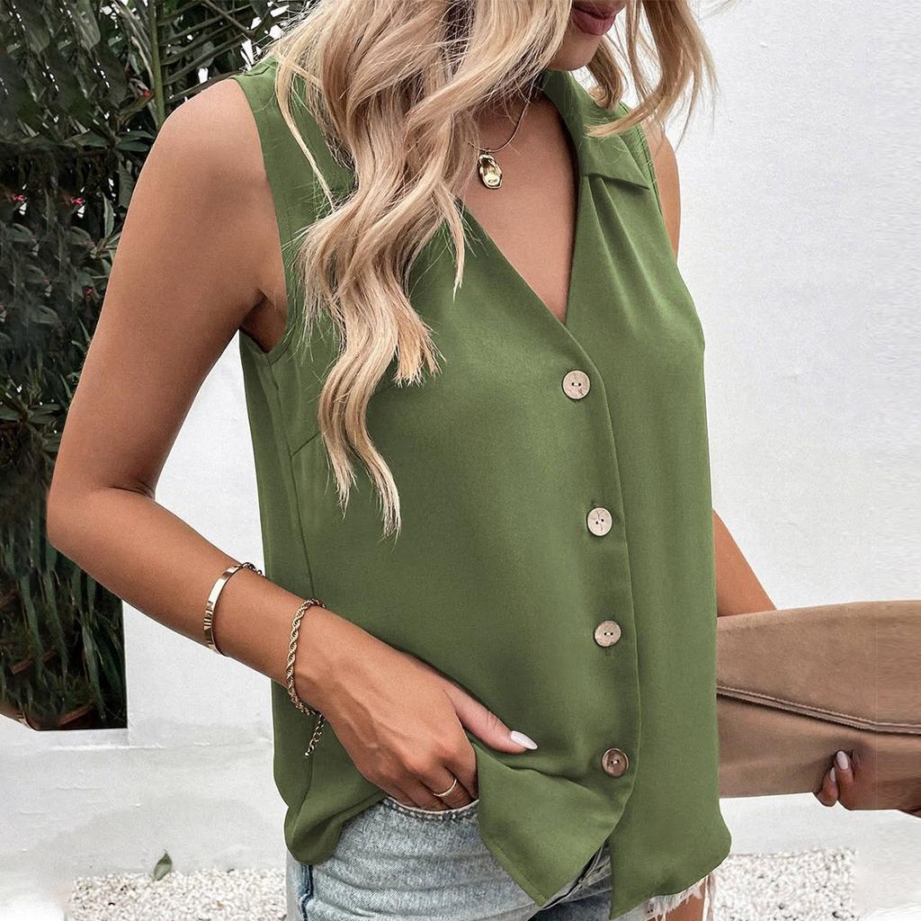 Fashionable Women's V-neck Loose Chiffon Shirt Sleevelessbutton Shirt