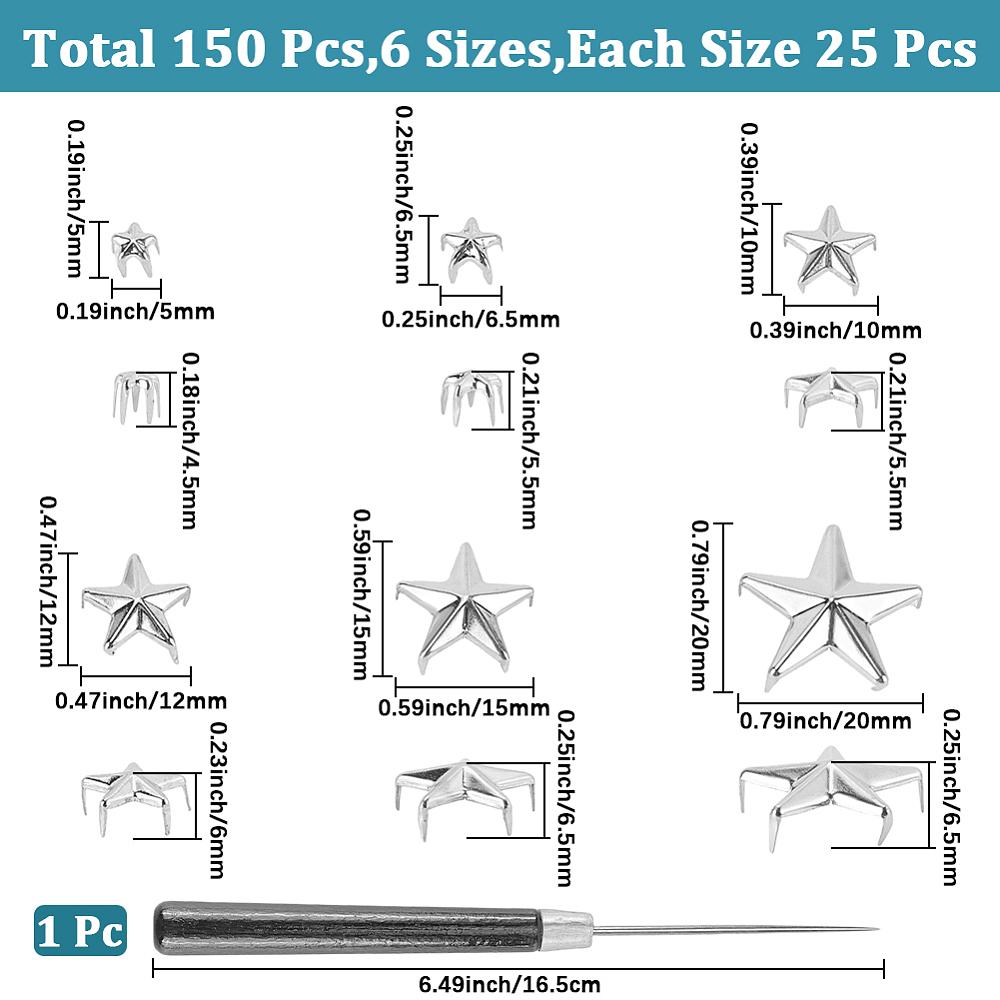 150Pcs 6 Styles Iron Rivets, for Purse, Bags, Leather Crafts Decoration, Star, with 1Pc Awl Pricker Sewing Tool, Platinum, 5x5x4.5mm