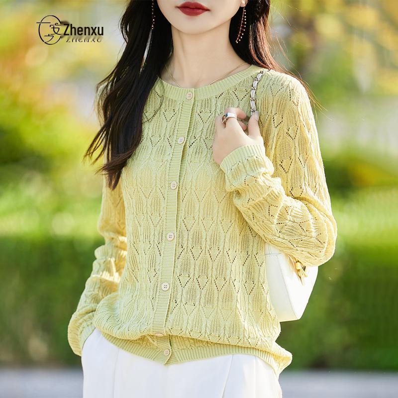 Women's Tencel Linen Hollow Jacquard Knit Cardigan