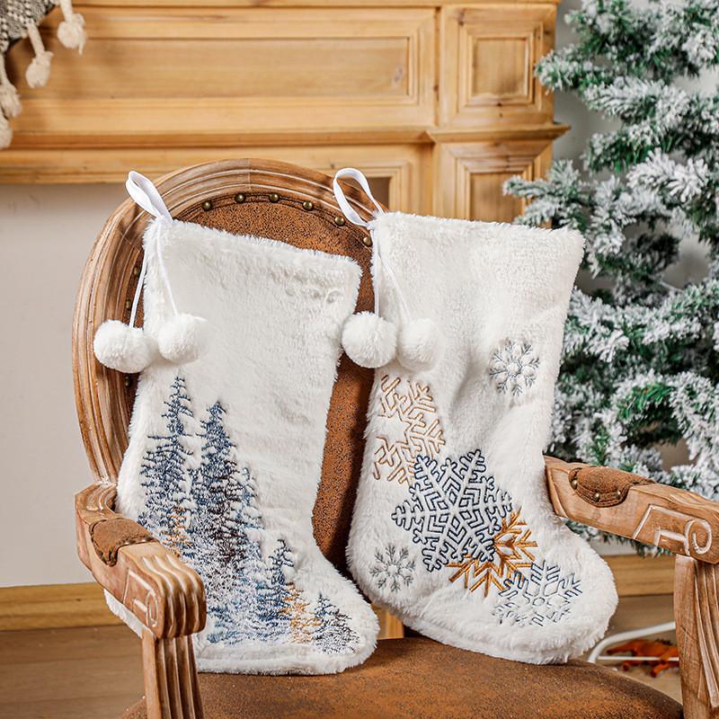 Decorative Stocking Christmas With Plush Fabric Embellished With Snowflake Embroidery And Poms Pom
