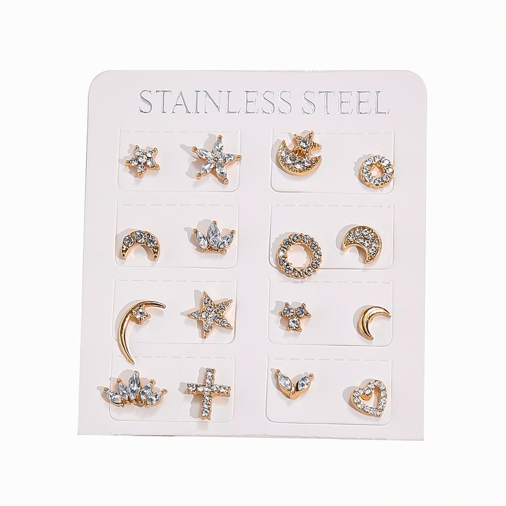 Personality Temperament Asymmetrical Stud Earrings, Fashionable Diamond-Set Stars Moon Geometric Earrings Women