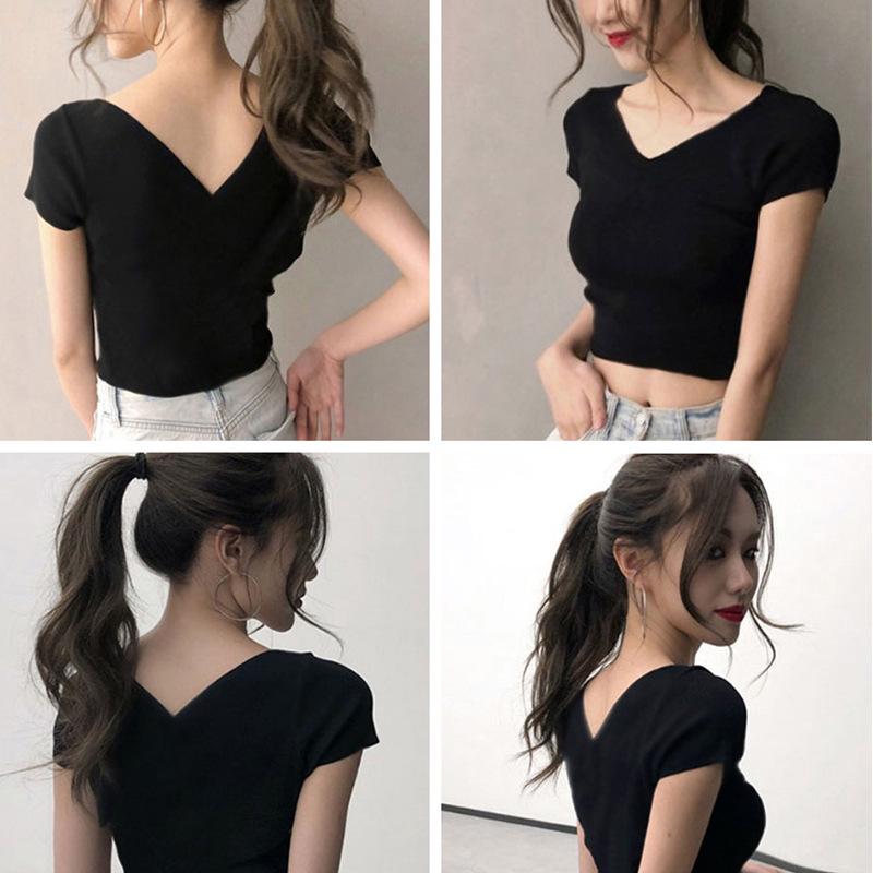 Korean Style Front & Back V-Neck Women's Short-Sleeve Bodycon T-shirt - Black & White, 2024 Summer Collection.