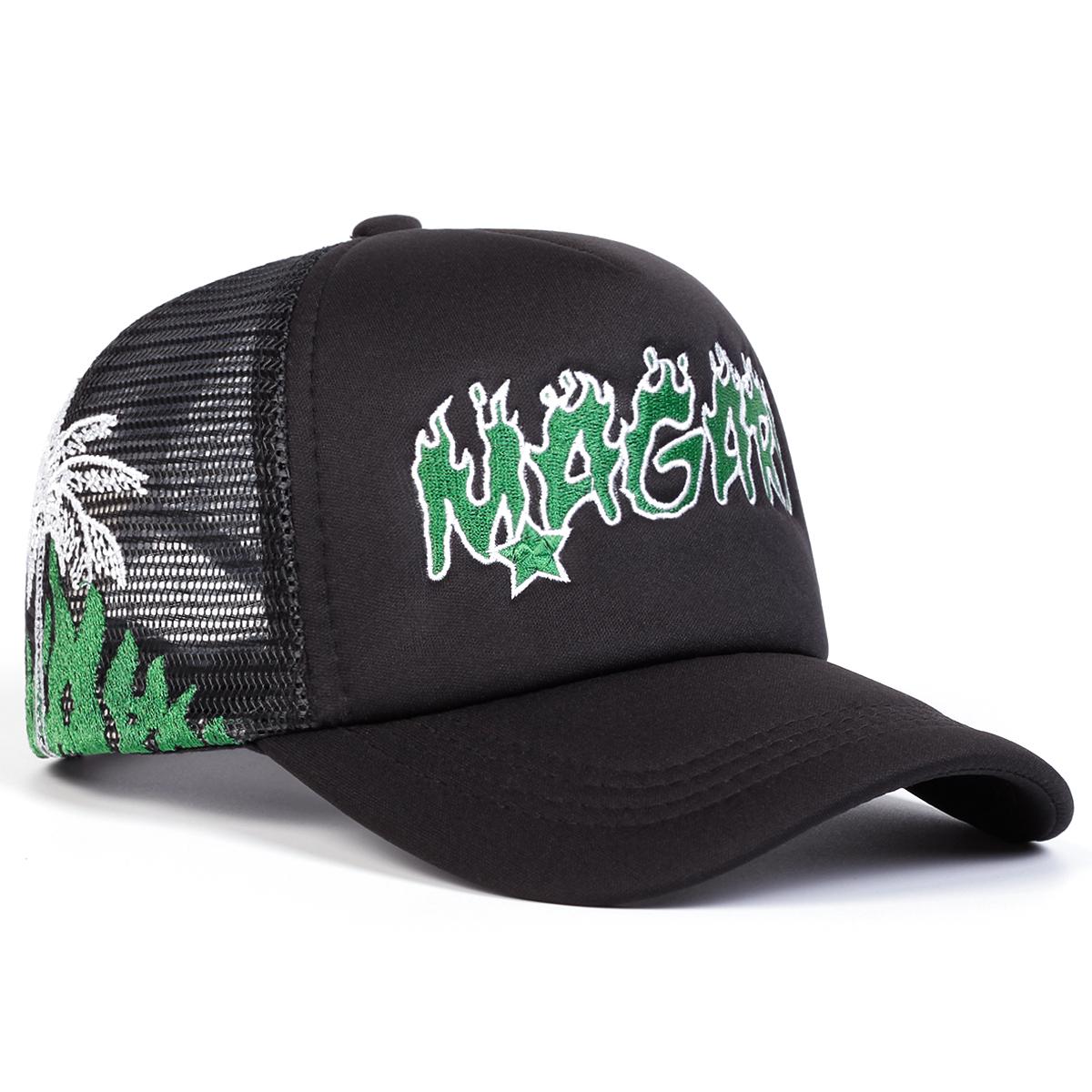 

Унисекс Бейсболка с сеткой и регулируемым размером, с вышивкой пламени Magari, солнцезащитные кепки, весна-лето, для занятий спортом на открытом воздухе, для путешествий, для женщин и мужчин чёрный/зелёный