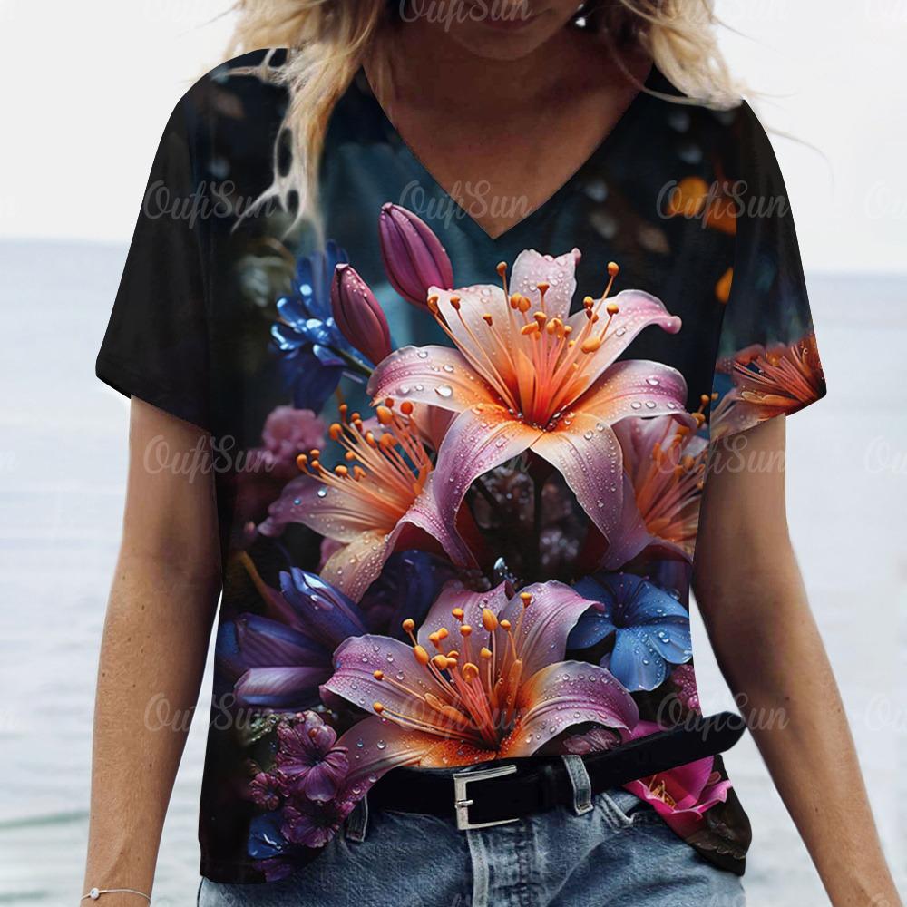 

Жіноча футболка Літня футболка з 3D-квітками Жіночий одяг великого розміру Дизайнерська сорочка з коротким рукавом Жіноча блуза з V-подібним вирізом 4XL