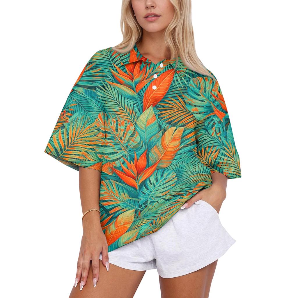 Women’s Fashion Casual Polo Collar Loose Fit Top Short Sleeve Floral Print Blouse Relaxed Lapel Shirt for Daily Wear