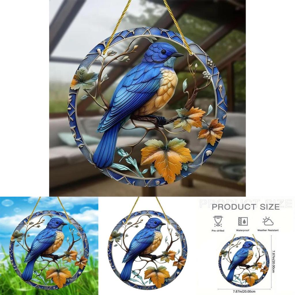 Simulated Blue Bird Branch Pattern Circular Acrylic Pendant For Garden Party Gift